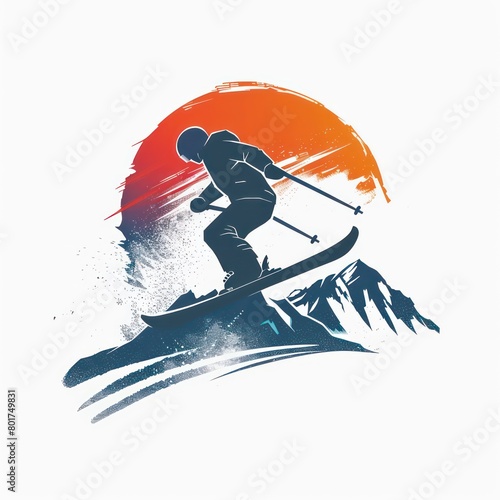 man skiing on the mountain,  logo design, white background

