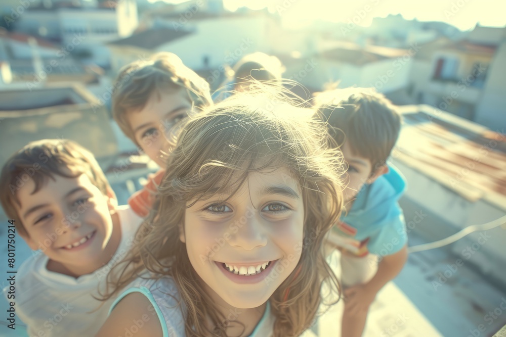 Portrait of happy children on the roof of the house. Selective focus. Portrait of happy children on the roof of the house. Selective focus.
