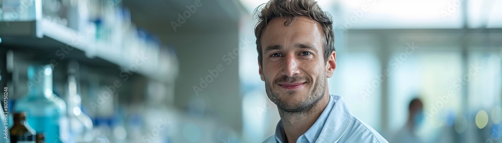 A scientist is shown smiling in a portrait, with a laboratory background blurred out. The image was created using artificial intelligence. A scientist is shown smiling in a portrait, with a laboratory background blurred out. The image was created using artificial intelligence.