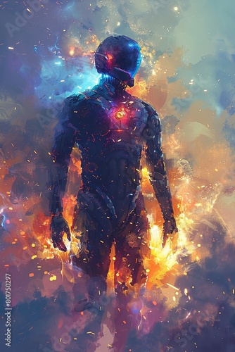 A futuristic scenario depicting a cybernetic man charging up his power reserves in a digital art format, resembling an illustrated painting. © tonstock