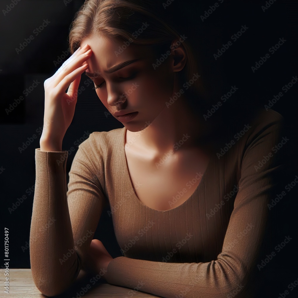A woman having a headache, with the rim light. The background is black