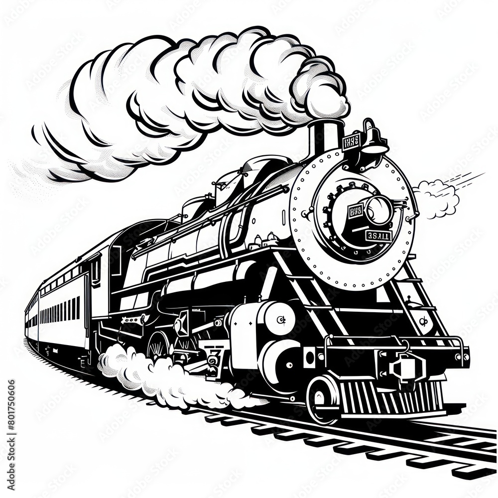 old steam locomotive, black and white draw on white background
