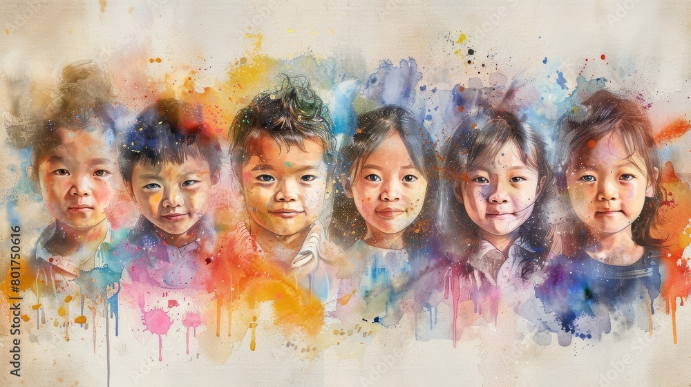 Watercolor painting of a diverse group of kids in a portrait style.