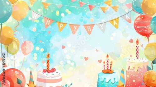 A cheerful birthday backdrop with balloons cakes and vibrant decorations