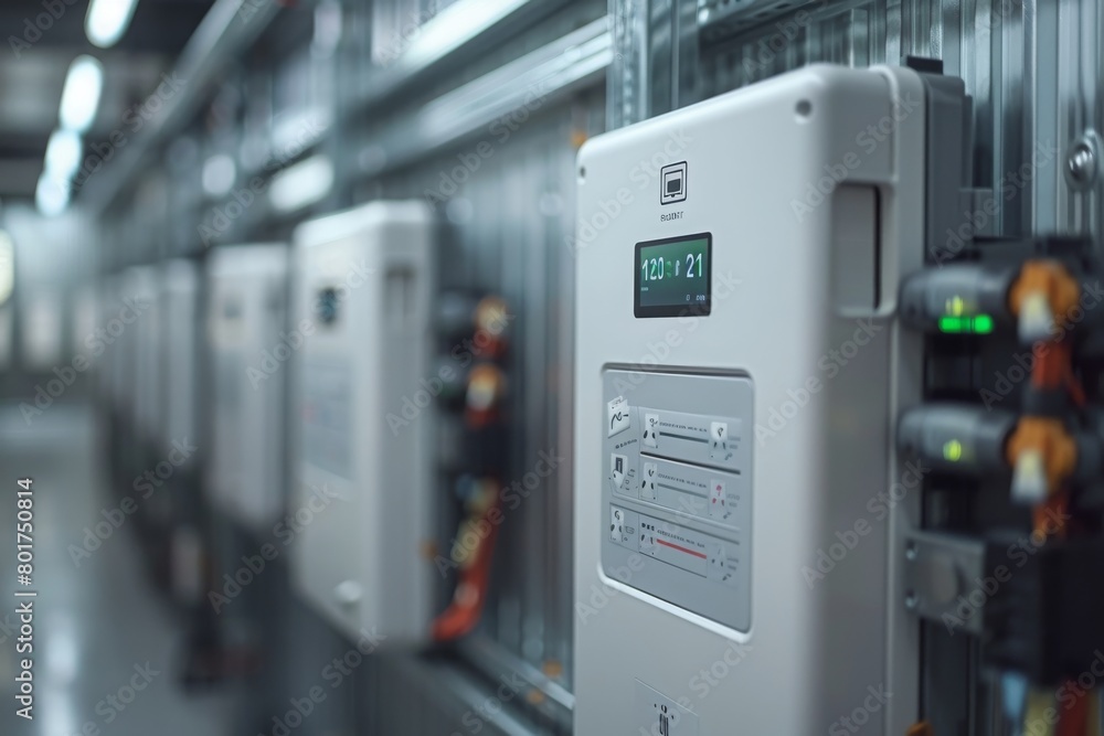 Focused image of a network power supply unit in a data center, Concept of data management and power distribution Focused image of a network power supply unit in a data center, Concept of data management and power distribution