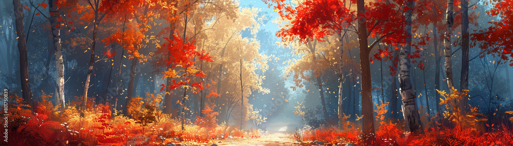 Artwork depicting a stunning fall woodland landscape, drawing.