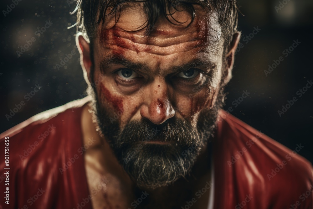 A Gritty Close-Up Portrait of a Determined Boxer, Sweat Glistening on His Brow, in the Evocative Ambiance of an Old-School Boxing Gym A Gritty Close-Up Portrait of a Determined Boxer, Sweat Glistening on His Brow, in the Evocative Ambiance of an Old-School Boxing Gym