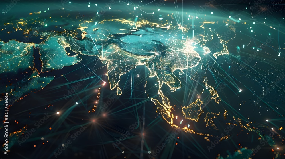 Digital map of Asia, concept of global network and connectivity, data transfer and cyber technology, business exchange, information and telecommunication Digital map of Asia, concept of global network and connectivity, data transfer and cyber technology, business exchange, information and telecommunication