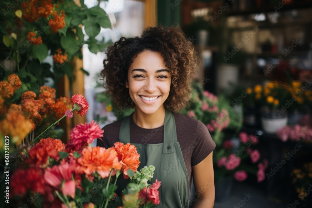 A Radiant Young Woman Smiling Gently While Posing for a Portrait in Front of the Colorful Blooms at the Local Neighborhood Florist Shop