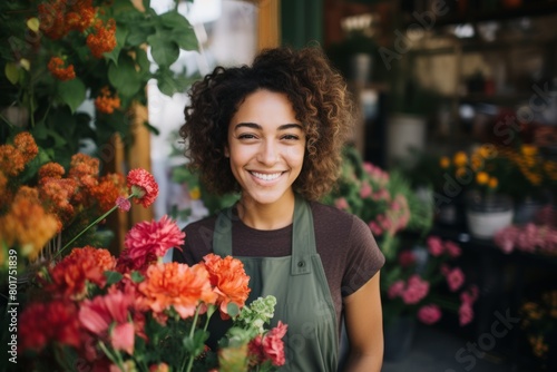 A Radiant Young Woman Smiling Gently While Posing for a Portrait in Front of the Colorful Blooms at the Local Neighborhood Florist Shop © aicandy