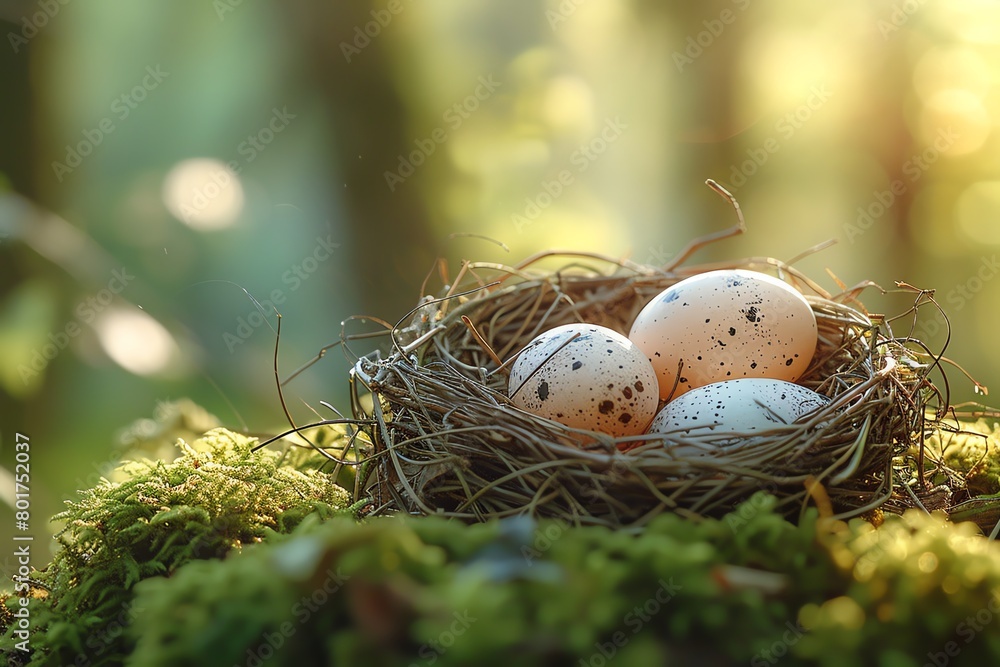 Obraz premium Beautiful nest with eggs on moss in nature, closeup Beautiful background Easter concept Soft sunlight and bokeh effect