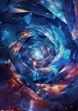 cosmic stars swirl, geometric shapes rushing forward on blue and dark color 