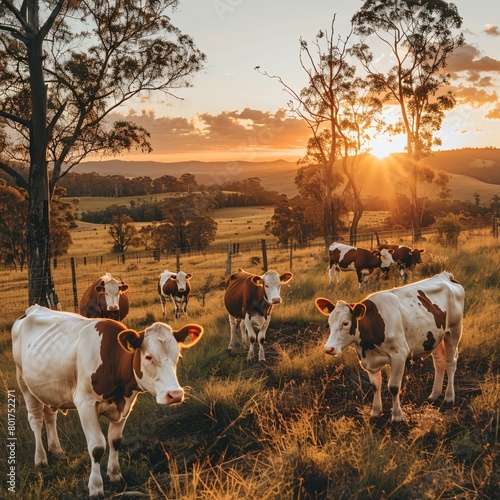 Grazing Cows at Dusk, Peaceful Countryside with Golden Hour Lighting photo