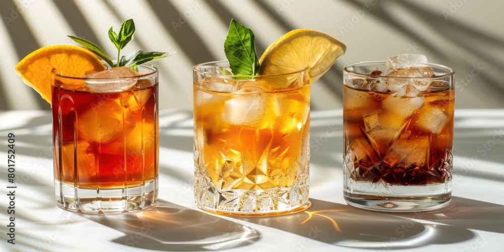 cocktails side by side on a table on white background