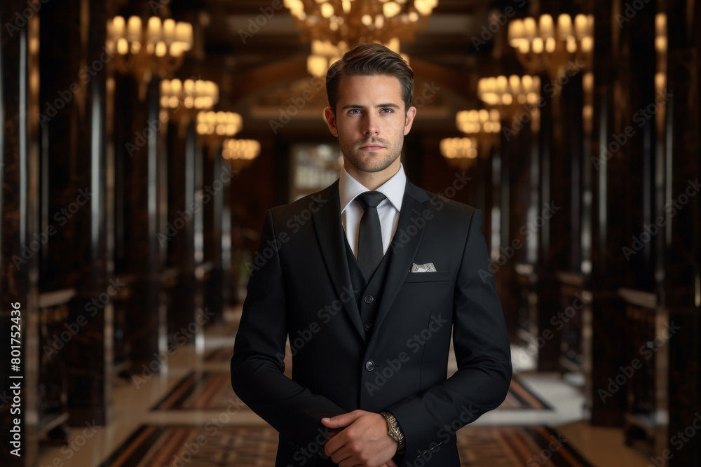 An Elegant Portrait of a Sophisticated Gentleman Standing Confidently Before the Luxurious Entrance of a Grand Hotel Suite An Elegant Portrait of a Sophisticated Gentleman Standing Confidently Before the Luxurious Entrance of a Grand Hotel Suite
