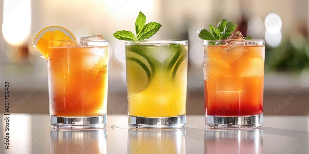 cocktails side by side on a table on white background cocktails side by side on a table on white background