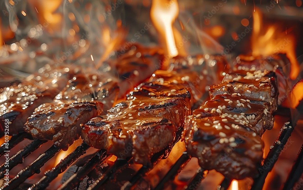 A close-up graph of meat grilling on a barbecue, with flames flickering around and highlighting the succulent textures and smoky flavor. A close-up graph of meat grilling on a barbecue, with flames flickering around and highlighting the succulent textures and smoky flavor.