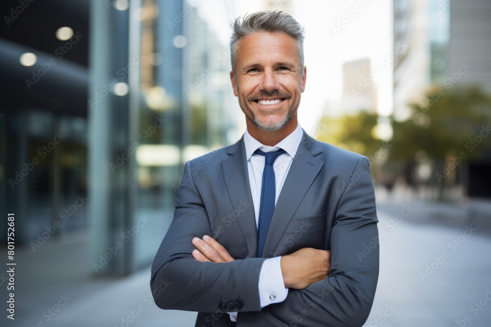 A Confident Business Professional Smiling Proudly in Front of the Gleaming Glass Facade of a Modern Accounting Firm A Confident Business Professional Smiling Proudly in Front of the Gleaming Glass Facade of a Modern Accounting Firm