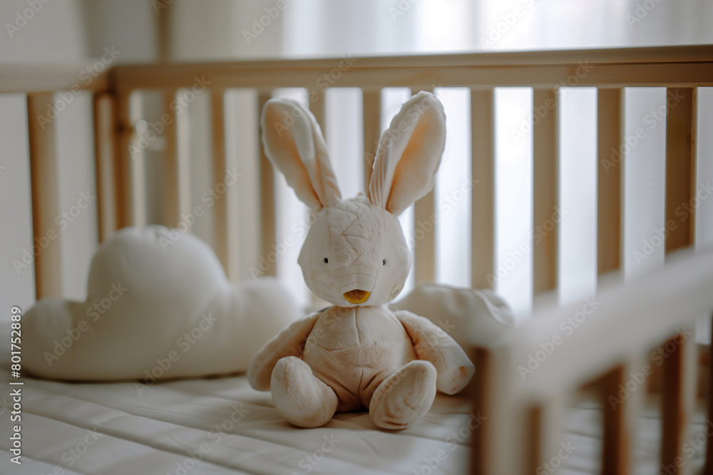 Wide angle, side view, centrally symmetrical composition, minimalist art photography, a sloppy white rabbit doll, he is lying on the baby's wooden crib Wide angle, side view, centrally symmetrical composition, minimalist art photography, a sloppy white rabbit doll, he is lying on the baby's wooden crib