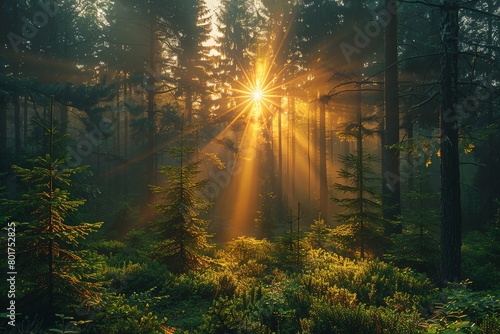 Beautiful summer forest landscape with sun rays shining through trees in the green pine and spruce tree foliage at sunrise or sunset