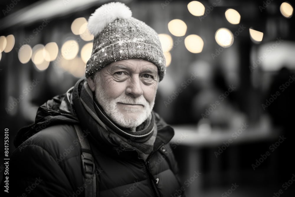 Obraz premium A Joyful Gaze: An Enthusiastic Individual Captured in a Heartwarming Portrait Against the Festive Backdrop of a Bustling Christmas Market