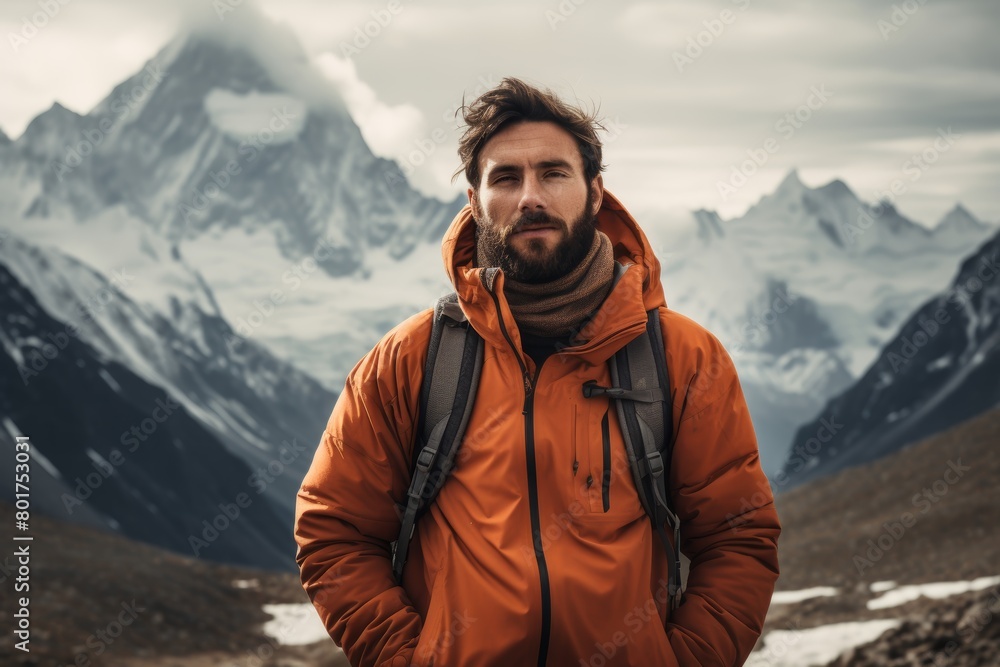 A Serene Portrait of an Adventurous Soul Standing Proudly Before the Majestic Snow-Capped Peaks of the Great Mountain Range