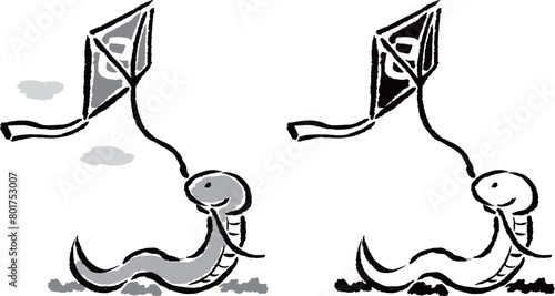 凧揚げをする巳（へび）　筆タッチ手描きイラスト　モノクロ・線画セット