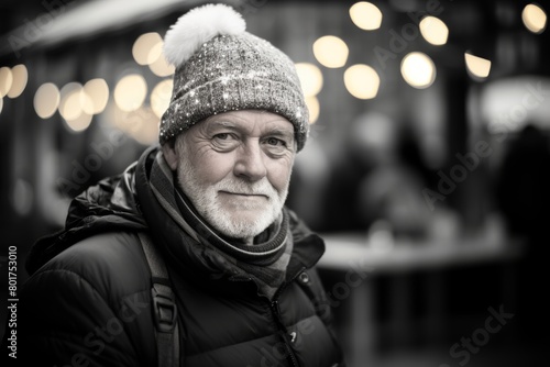 A Joyful Gaze: An Enthusiastic Individual Captured in a Heartwarming Portrait Against the Festive Backdrop of a Bustling Christmas Market