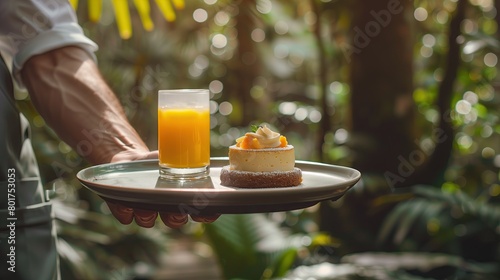 Waiter's hand holding tray, cheesecake on tray, orange juice, forest view,