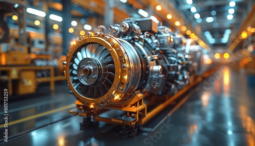 Bright production line with big oversized jet engine in factory, closeup of the turbine and blades modern technology background 3D rendering in the style of modern technology