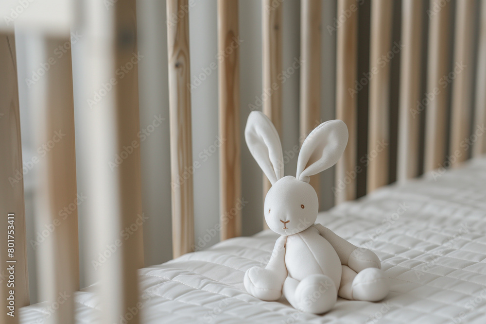 Wide angle, side view, centrally symmetrical composition, minimalist art photography, a sloppy white rabbit doll, he is lying on the baby's wooden crib Wide angle, side view, centrally symmetrical composition, minimalist art photography, a sloppy white rabbit doll, he is lying on the baby's wooden crib