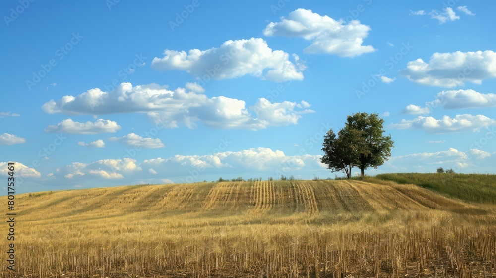 wheat field on the hillside, light clouds on the blue sky