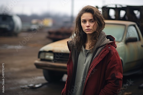 A Solemn Contemplation: A Young Woman's Poignant Portrait Against the Stark Backdrop of a Desolate Auto Wrecking Yard