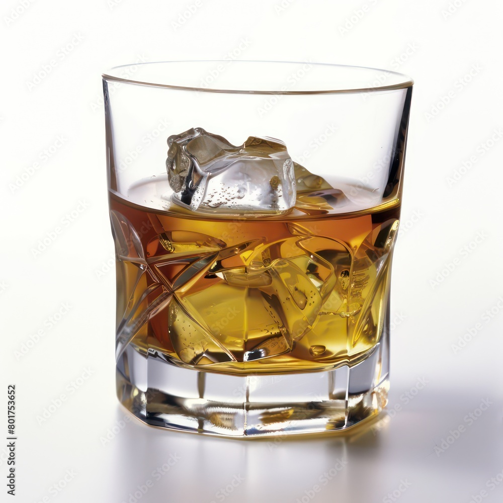whiskey glass with ice cubes on white background