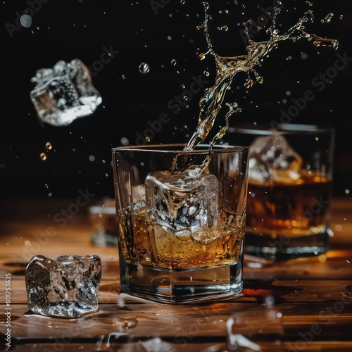 whiskey glass with ice cubes on a bar