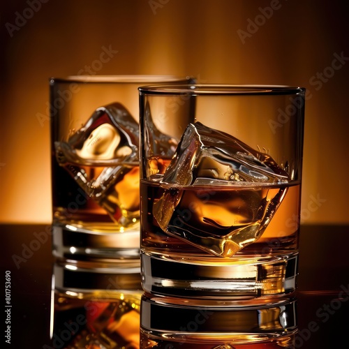 whiskey glass with ice cubes on a bar