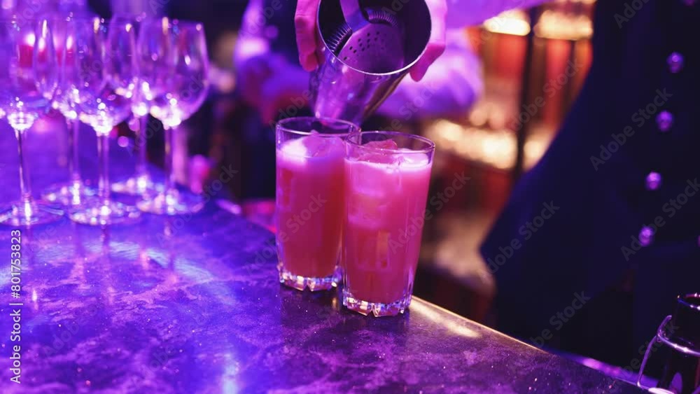 Bartender working, beautiful row line of different coloured liquor alcohol cocktails on a party in a bar, and others on catering banquet on event, barman mixing drinks and beverages in a club
Bartender working, beautiful row line of different coloured liquor alcohol cocktails on a party in a bar, and others on catering banquet on event, barman mixing drinks and beverages in a club