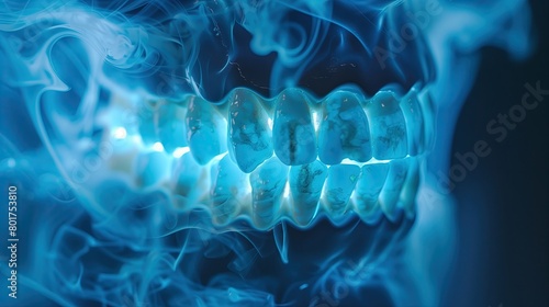 The teeth in the mouth glow, showing a holographic image of clean and stained teeth. Concepts for keeping the mouth clean photo