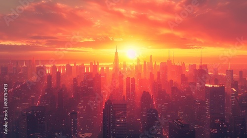 A sunrise over a bustling city skyline, symbolizing a new start, with glowing lights reflecting investment and energy growth