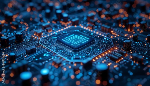Digital background featuring a circuit board and security icons in blue tones with a depth of field effect A hightech technology concept. photo