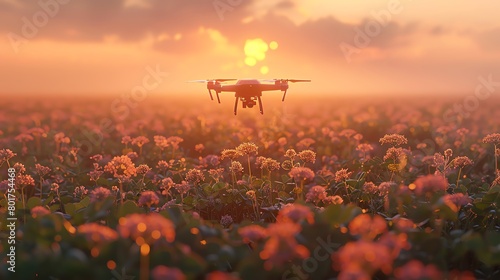 Drone flying over field of clover and strawberry flowers, with a sunset background Commercial photo