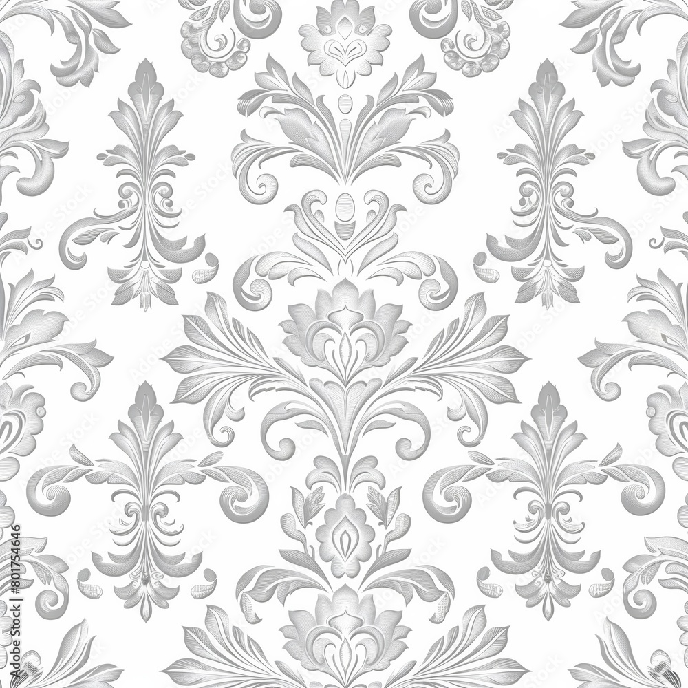 Cream colored damask wall covering featuring botanical designs Cream colored damask wall covering featuring botanical designs