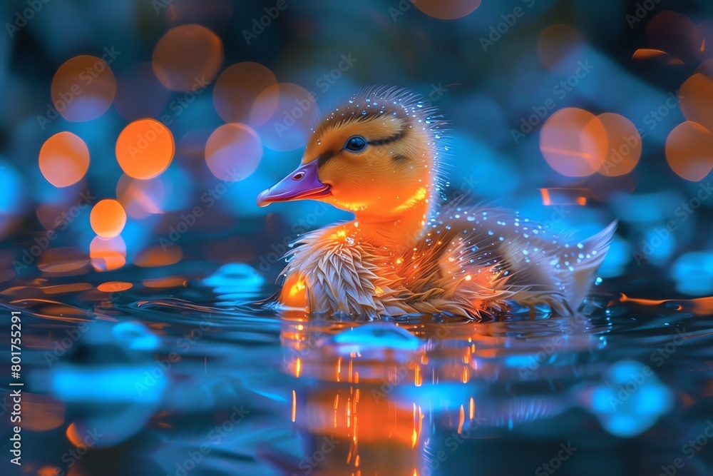 Neonlit duckling serenely floating in a digital pond, reflecting cyber lights Neonlit duckling serenely floating in a digital pond, reflecting cyber lights