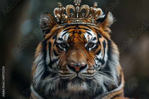 Portrait of a beautiful tiger with a crown on his head.