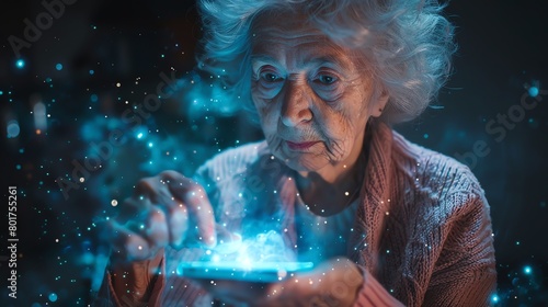 Elderly woman using a nextgen holographic smartphone, techsavvy grandma photo