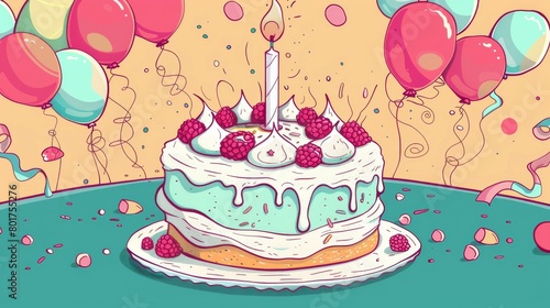 Joyful birthday cake with a single candle surrounded by colorful balloons