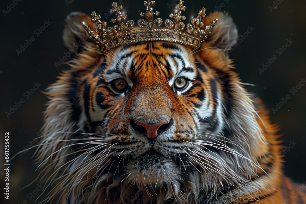 Naklejka premium Portrait of a beautiful tiger with a crown on his head.