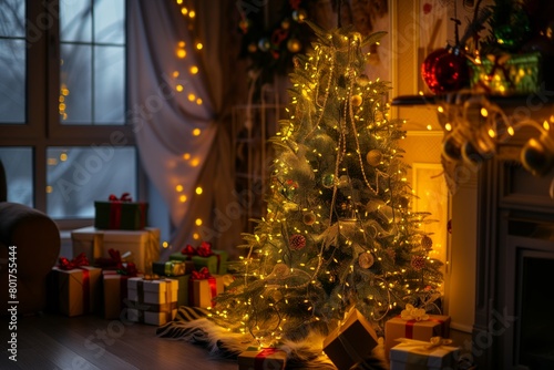 Christmas tree decorated with yellow garlands © Сергей Косилко