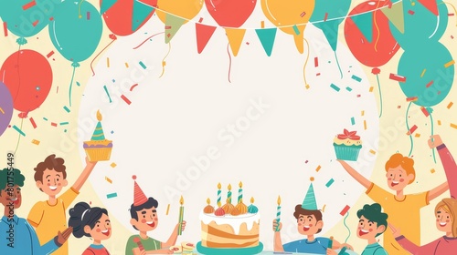 Joyful kids celebrating with cake and balloons at a festive party