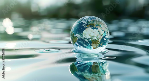 A glass sphere with the Earth inside, floating on water, symbolizing global environmental protection